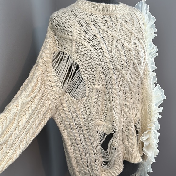 Cream Oversized Sweater Distressed Lace Accent - Picture 6 of 7
